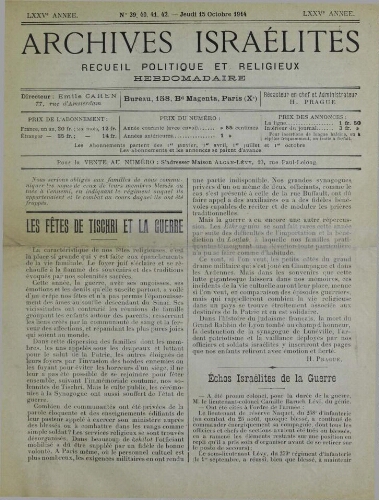 Archives israélites de France. Vol.75 N°39-40-41-42 (15 oct. 1914)